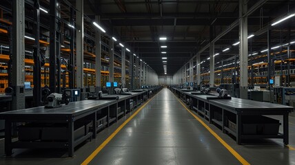 Naklejka premium A panoramic view of a state-of-the-art robotic dark store warehouse, where robots are sorting and distributing orders