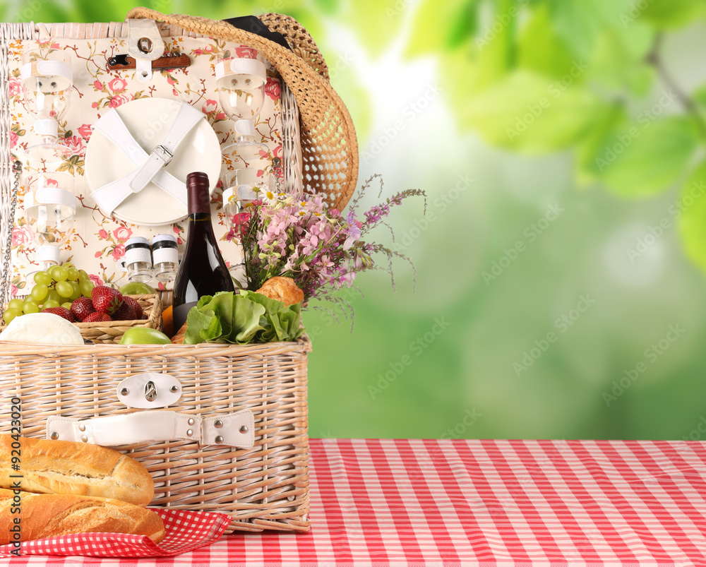 Poster Picnic basket with foods and wine on table in nature. Space for text