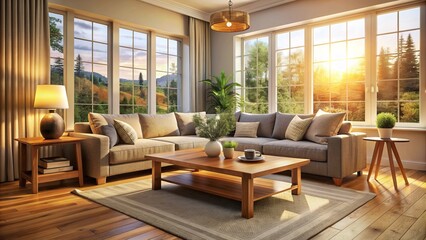 Fototapeta premium Warmly lit modern living room with comfortable couch, wooden coffee table, and large window, symbolizing a cozy and harmonious family system.