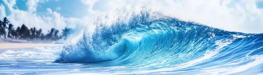 A stunning wave crashing on the shore, showcasing vibrant blue hues and a tropical background under a sunny sky.