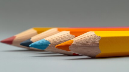 A row of multicolored graphite pencils, sharpened and ready for work or drawing, in selective focus against a gray background.