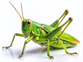 Vibrant green grasshopper with intricate wings and large eyes perches on a plain white background, showcasing its natural beauty and unique features.