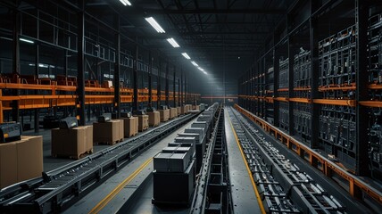 Fototapeta premium A panoramic view of a state-of-the-art robotic dark store warehouse, where robots are sorting and distributing orders