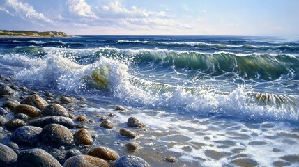 Waves crashing against a rocky shoreline.