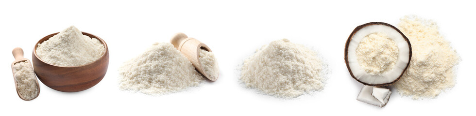 Collage with coconut flour isolated on white