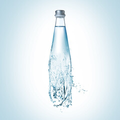 Splashing water continuing shape of bottle on light blue background