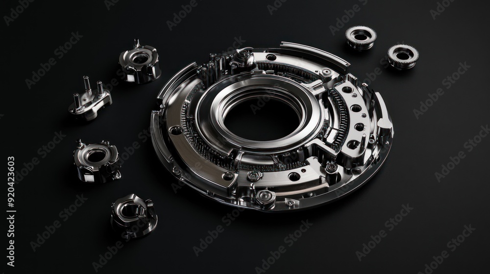 Poster disassembled camera lens mechanism with gears and components