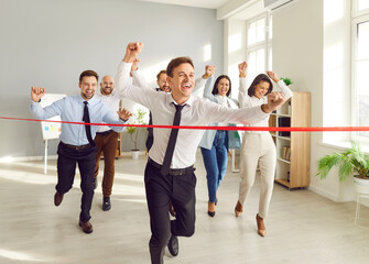 Happy office contest, business people crossing red marathon ribbon, finish line laughing winning, group of competitor workers together, team playing. Friends superiority, rivalry, leader dominition 