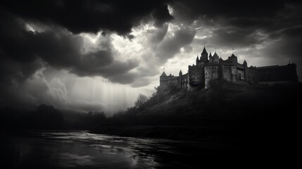 Castle in a mountain valley at night with a medieval horror atmosphere. Neural network ai generated art