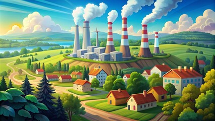 A colorful cartoon illustration of a power plant with smoking chimneys, towering above a tiny town, surrounded by rolling hills and sunny blue skies.