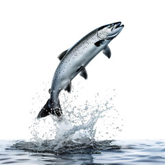 Fototapeta premium Salmon jumping out of the water, isolated on white background, captures the dynamic nature of this fish in its natural habitat, showcasing its agility and strength.