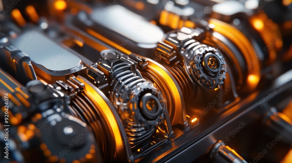 Aufkleber close-up of a glowing metallic machine with intricate gears and components