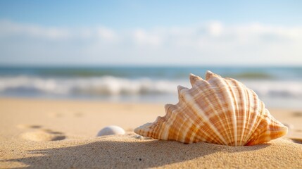 Beautiful seashell on sandy beach at sunset closeup. Neural network ai generated art