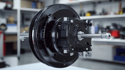 Naklejka premium Black Mechanical Part With Metal Shaft and Multiple Gears