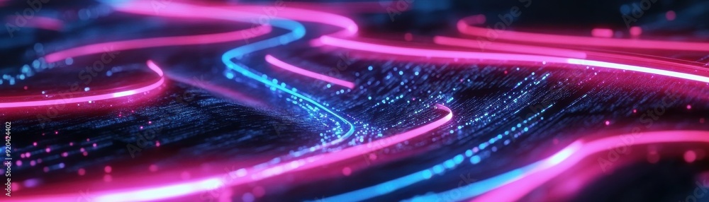 Poster a vibrant abstract background featuring glowing neon lines in pink and blue, creating a dynamic and 