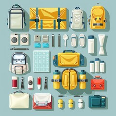 Collection of various travel gear and accessories including bags, bottles, and gadgets neatly arranged on a light blue background.