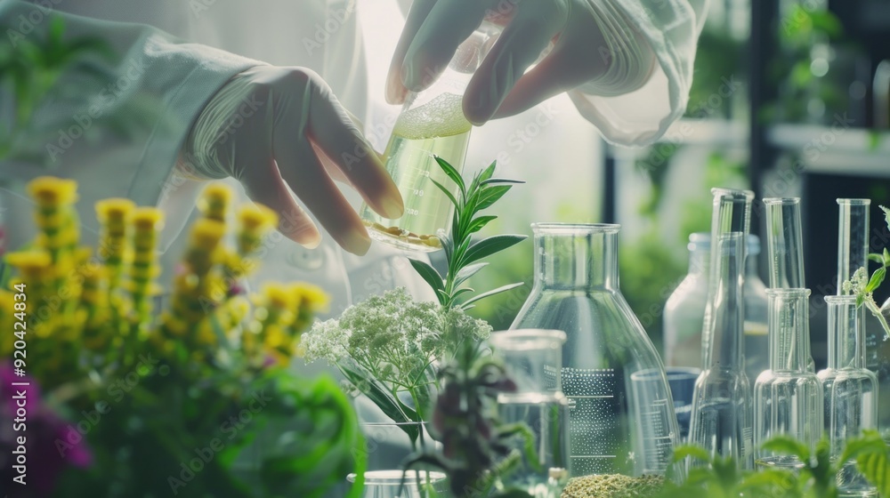 Poster A scientist is working with plants in a lab