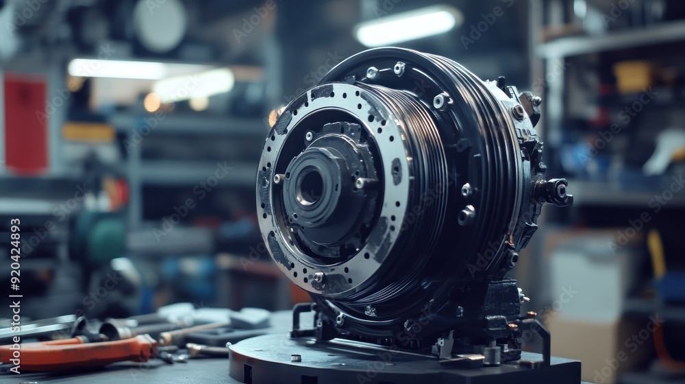 Poster close-up of a complex metallic machine part in a workshop