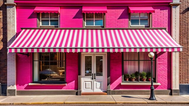 Vibrant pink storefront with horizontal striped awning casts a stylish shadow on a bright sunny day in a bustling urban shopping district.