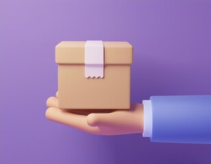 3D hand with a blue sleeve holds out a small cardboard box, 3D render