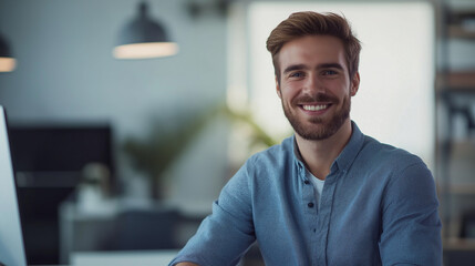 Obraz premium A smiling young man in a casual shirt sitting in an office environment, exuding confidence and approachability, with a modern and professional atmosphere.