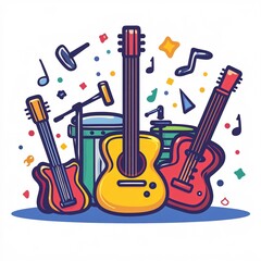 Naklejka premium 240805 57. A simple vector icon illustration depicting the group of entertainment with guitar items at center for a website isolated white background