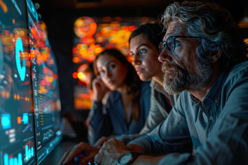 Obraz premium Focused team of professionals analyzing data on multiple screens in a dimly lit control room, immersed in a high-tech environment filled with glowing digital displays.