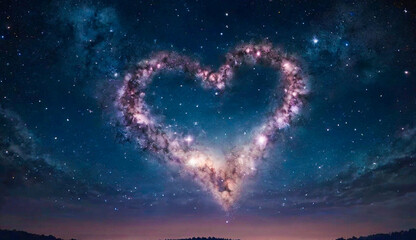 A heart-shaped nebula glows softly in the night sky, surrounded by twinkling stars. The scene is serene, with a gradient of deep blues transitioning to a warm horizon.
