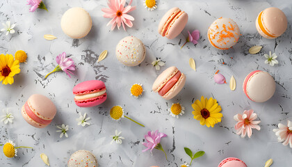 Spring flowers and Different types of macaroons background top view, banner size, flat lay