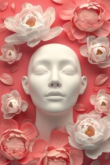 A serene white head sculpture blends with vibrant peonies, creating a tranquil vacation ambiance