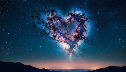 Fototapeta premium A heart-shaped nebula glows softly in the night sky, surrounded by twinkling stars. The scene is serene, with a gradient of deep blues transitioning to a warm horizon.