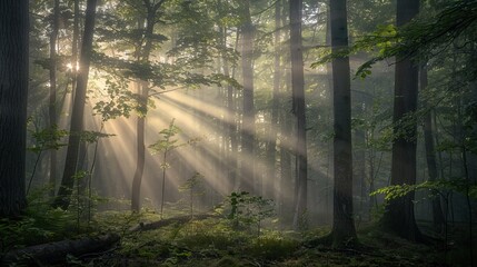 Sunbeams piercing through misty forest Ethereal light rays filtering through trees Foggy woodland scene Atmospheric nature landscape Dreamy forest ambiance