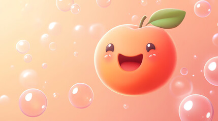 A cheerful cartoon orange with a smiling face, surrounded by colorful bubbles on a soft peach background.