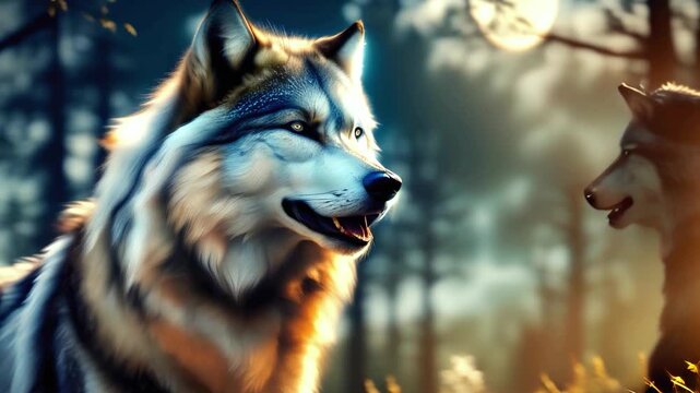 Two wolves in a mystical moonlit forest, intense gaze and glowing eyes, wild nature scene under a full moon, powerful connection between animals, symbolic of strength and wilderness