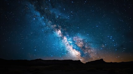 Milky way galaxy stretching across night sky Dark mountain silhouettes on horizon Starry cosmic scene Astronomical view Night photography Long exposure