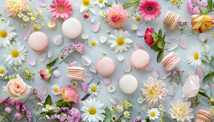 Spring flowers and Different types of macaroons background top view, banner size, flat lay