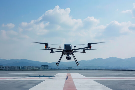 A hybrid drone taking off from a helipad, demonstrating its VTOL capability and flexibility - Powered by Adobe