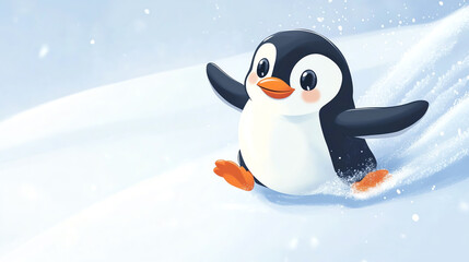 A cheerful penguin sliding down a snowy hill, enjoying the winter wonderland with a playful spirit and vibrant colors.