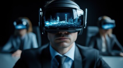 Business Professionals Using Virtual Reality Headsets in a Modern Office Environment