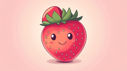Obraz premium A cute and cheerful cartoon strawberry with a smiling face, set against a soft pink background. Perfect for playful designs!