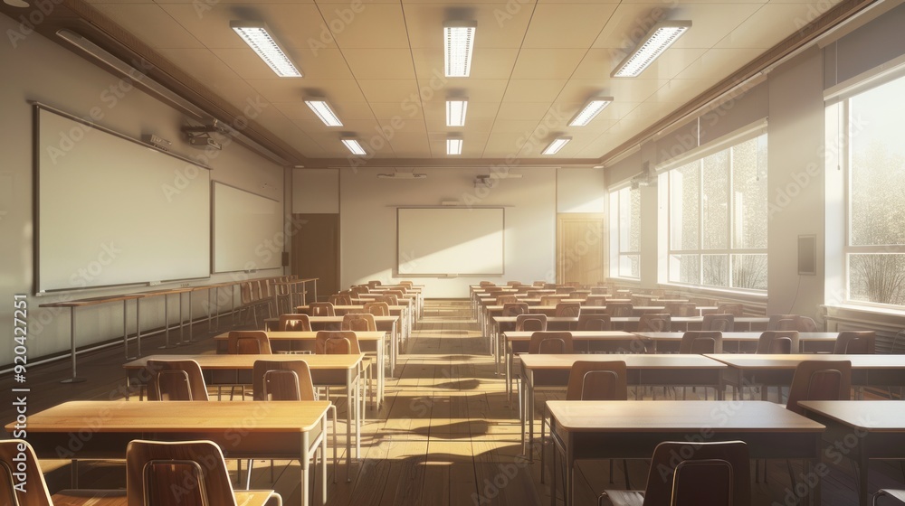 Poster empty classroom with sunlight streaming through windows