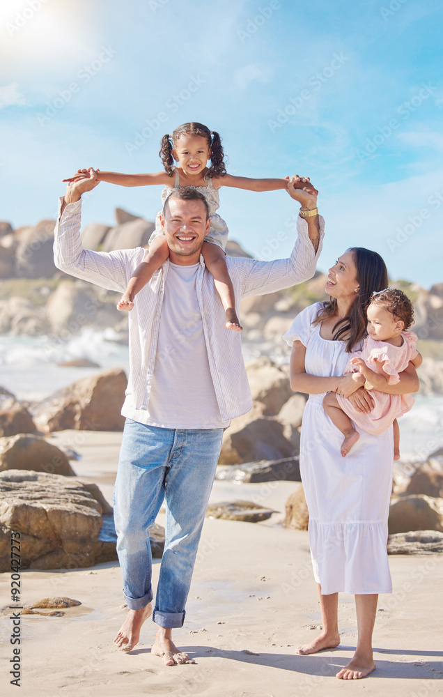 Sticker Portrait, dad and carrying of daughter, beach and family in vacation for fresh air, smile or bonding. Outdoor, man and woman with children for fun, parents and kids in sea of Florida, nature or water