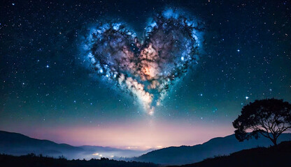 A heart-shaped nebula glows softly in the night sky, surrounded by twinkling stars. The scene is serene, with a gradient of deep blues transitioning to a warm horizon.