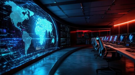 Futuristic Command Center with Digital World Map Display and High-Tech Workstations