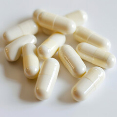 Oval white suppositories lying on the surface, professional medical photo, top view composition on white background. 

