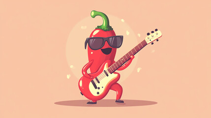 A fun cartoon pepper wearing sunglasses and playing a guitar, showcasing a lively and playful musical vibe.