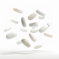 Oval suppositories flying in the air, captured in a dynamic composition, showcasing a unique and abstract view of pharmaceutical products. 


