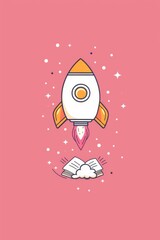 A cartoon rocket ascends amidst stars, symbolizing astronaut day and the excitement of back to school