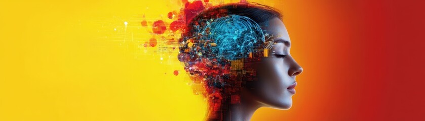 Futuristic Digital Art of a Woman's Profile with Brain Activity Visualization on Vibrant Background