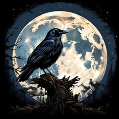 Night of the crow. Eurpean crow on an old dead tree trunk against a foggy full moon night sky